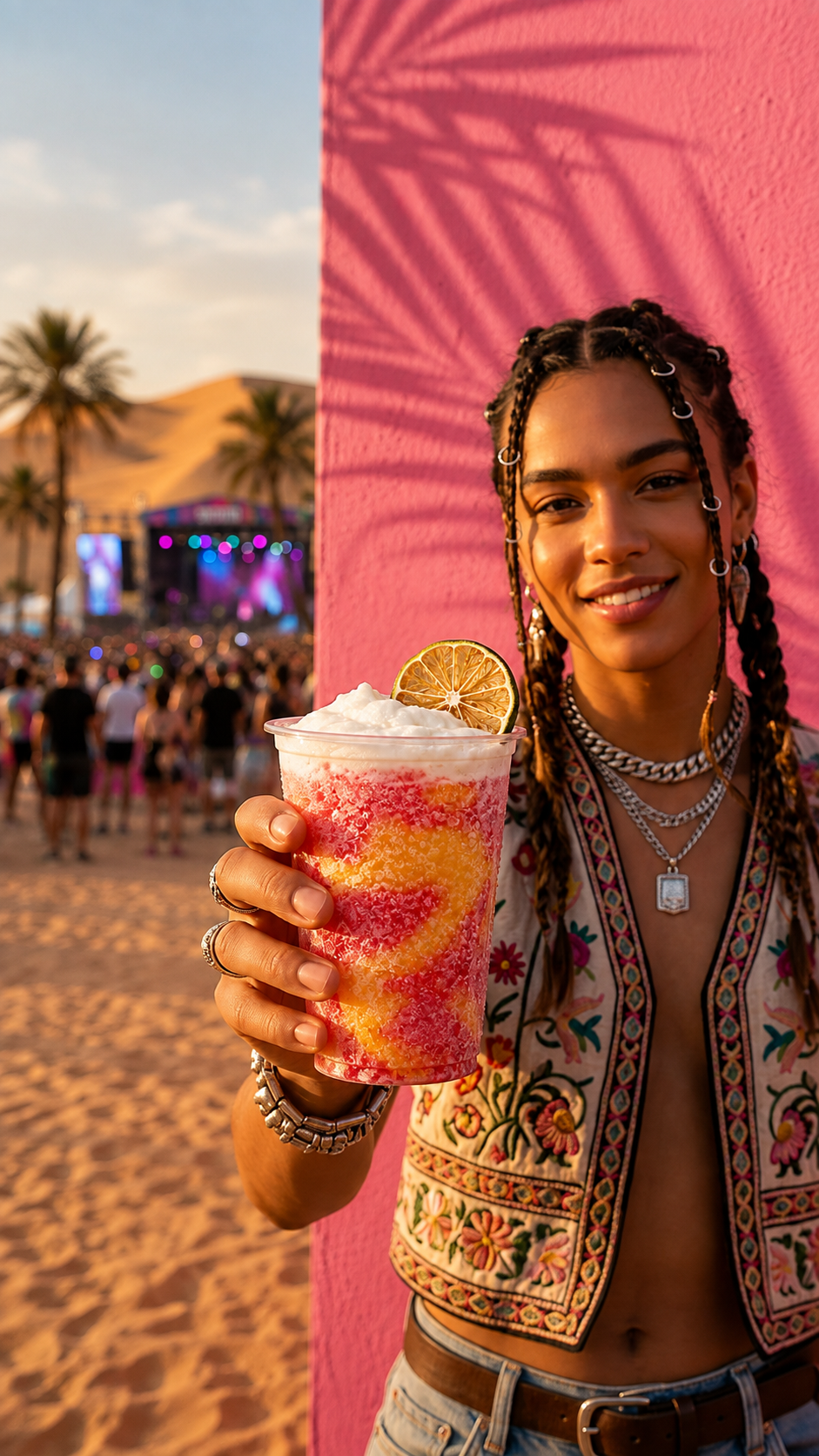 Festival-goer holding a cold drink at a desert music festival at golden hour