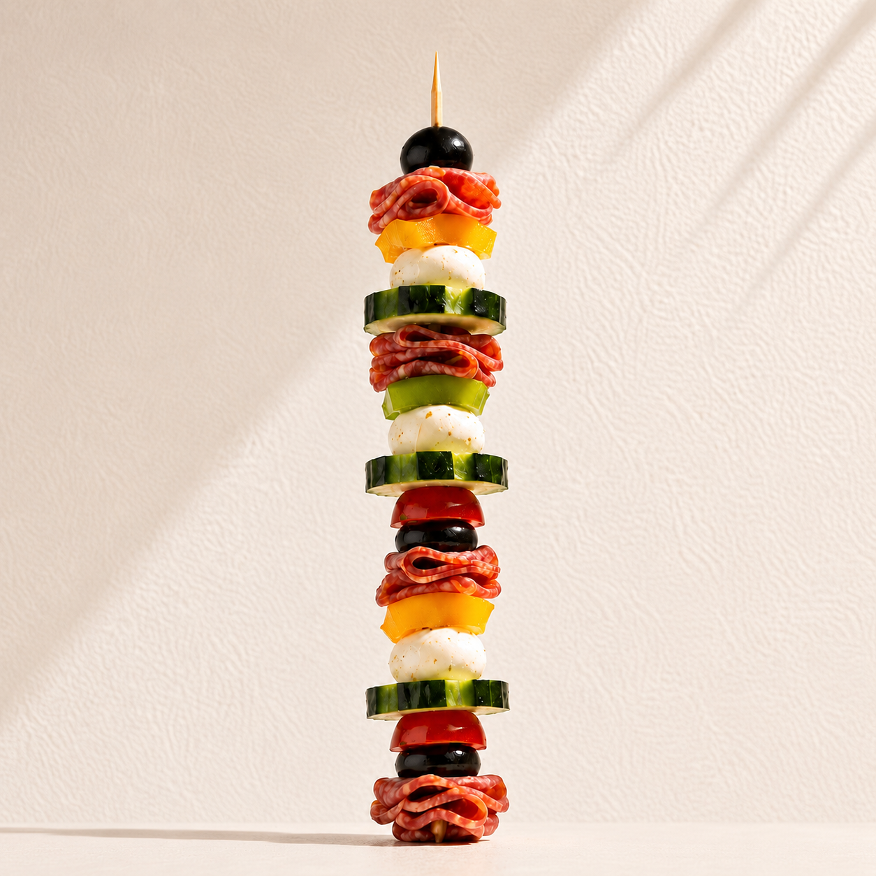 Chilled savory skewer with cured slices, cheese, olives, and crisp vegetables