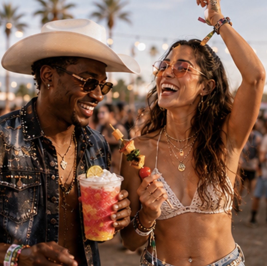Two festival-goers enjoying cold food and a drink