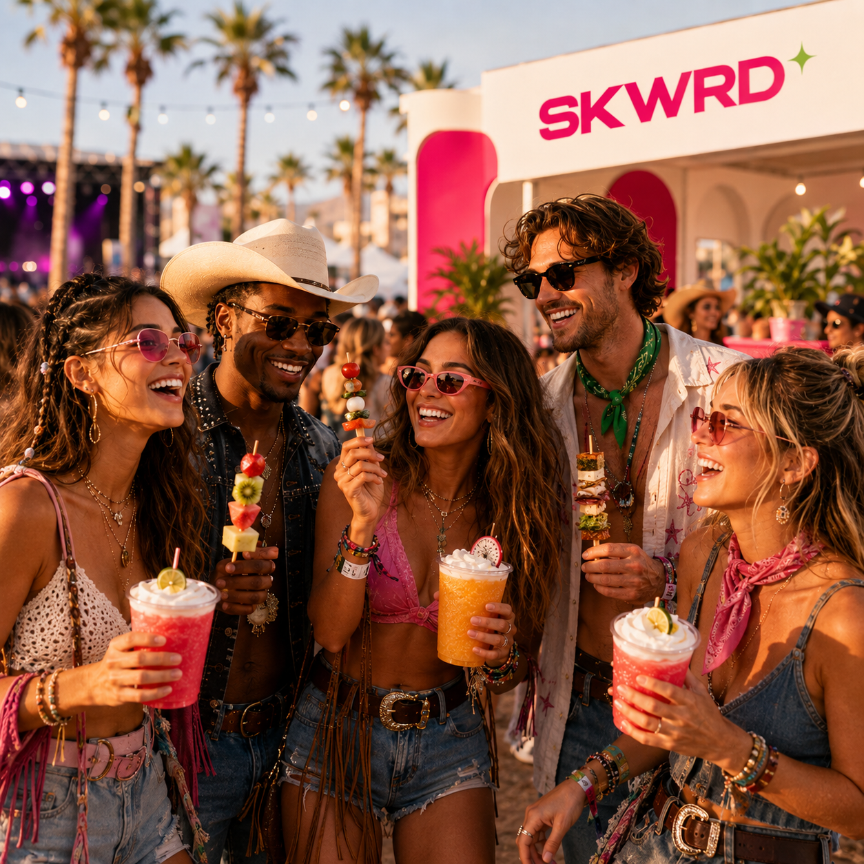Friends laughing together with cold drinks at a festival
