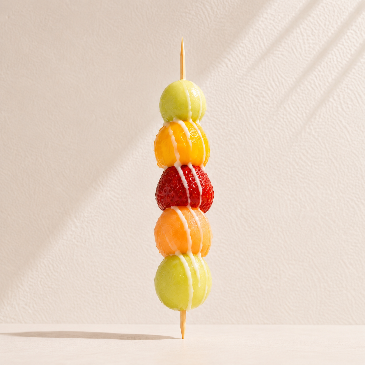 Chilled skewer of fresh seasonal fruit with a light drizzle