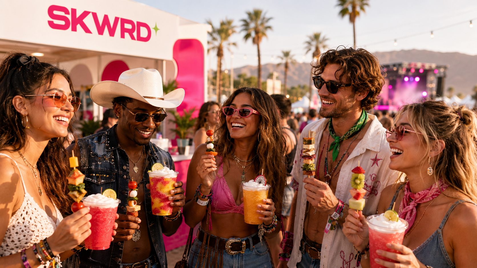Festival-goers gathered with food and cold drinks at golden hour