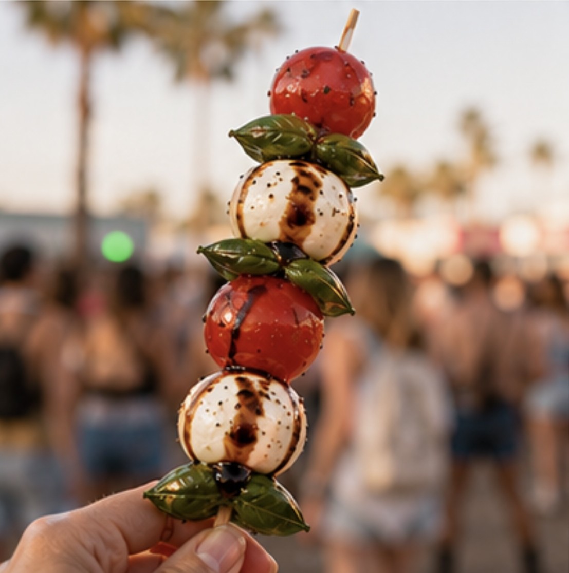 Close-up of a chilled skewer with fresh cheese, tomato, and herbs