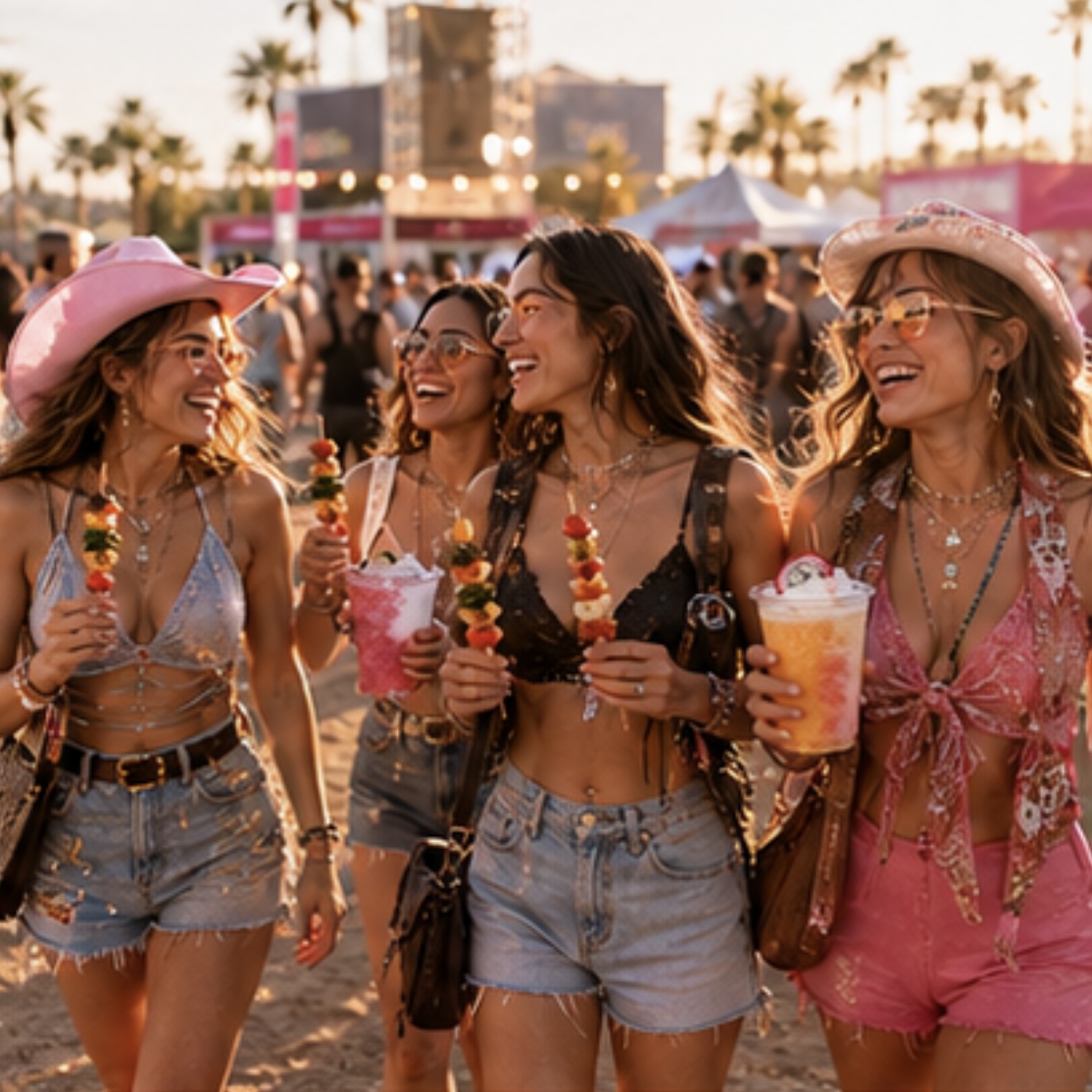 Group walking the festival grounds with cold food and drinks