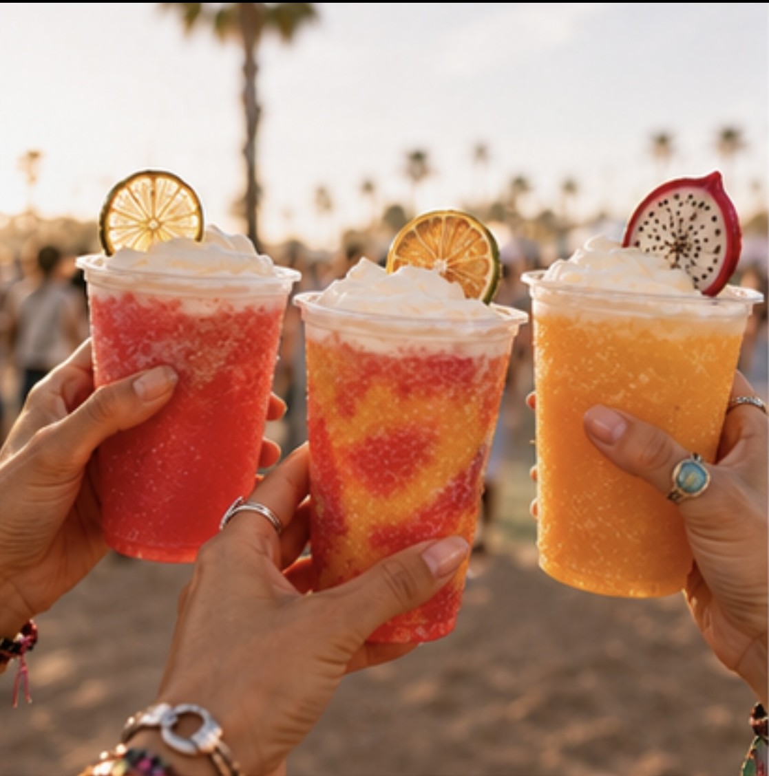 Three colorful cold drinks held up at golden hour