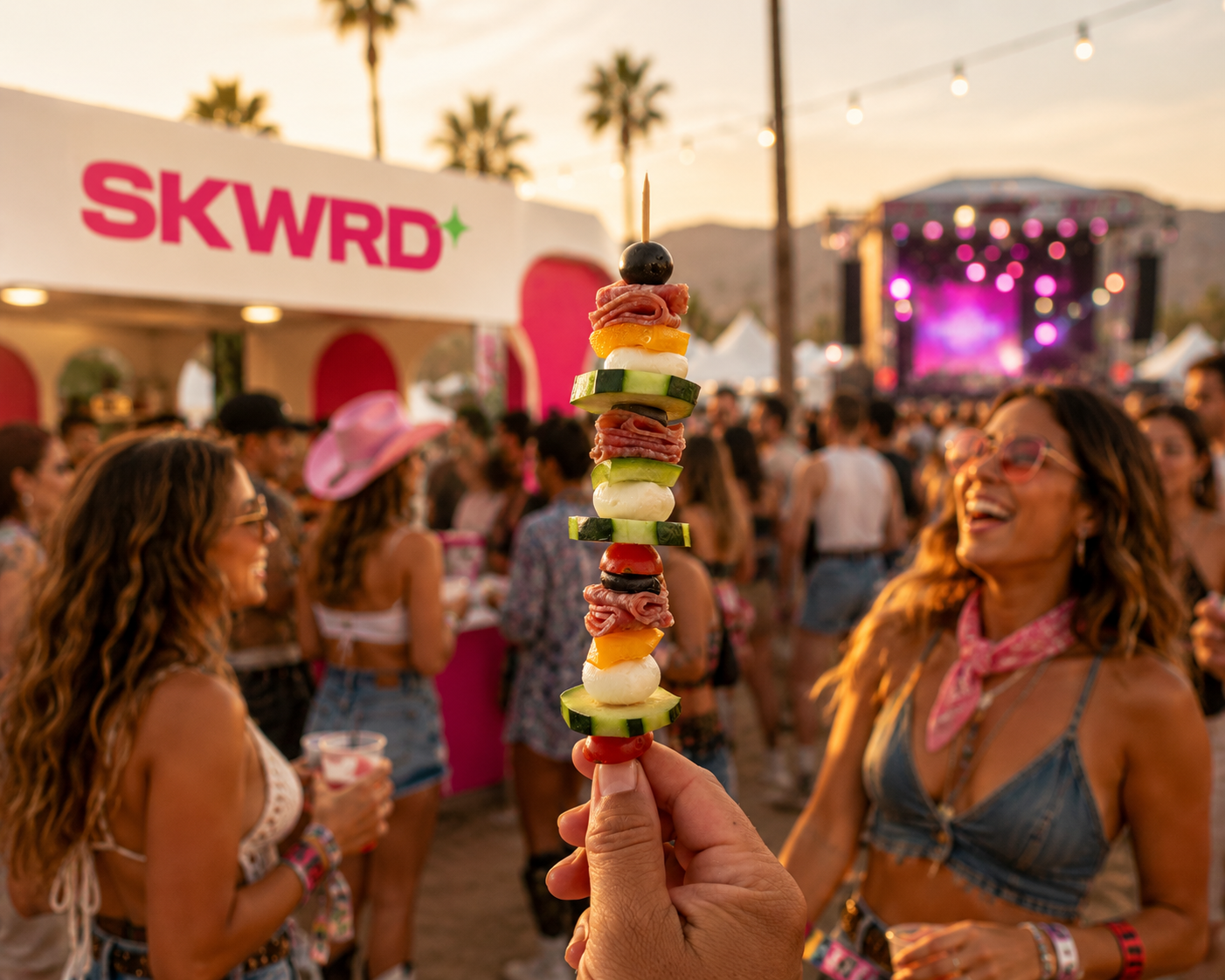 Chilled savory bite held up in front of a festival stage